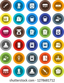 White Solid Icon Set- vacuum cleaner vector, bucket, kettle, scales, oven, air conditioner, fridge, washer, coffee maker, hood, blender