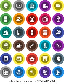 White Solid Icon Set- vacuum cleaner vector, iron, house hold, oven, double boiler, tv, cottage, search estate, fridge, home protect, siren, mixer, coffee maker, meat grinder, blender, epilator, fan