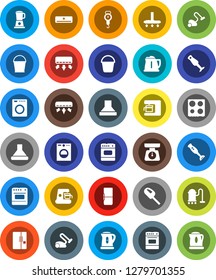 White Solid Icon Set- vacuum cleaner vector, bucket, kettle, scales, oven, blender, air conditioner, fridge, washer, coffee maker, hood