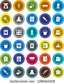 White Solid Icon Set- vacuum cleaner vector, bucket, kettle, scales, oven, blender, air conditioner, fridge, washer, coffee maker, hood