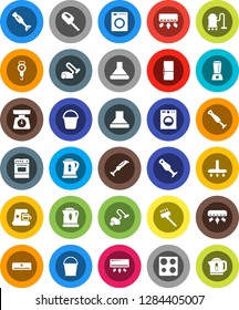White Solid Icon Set- vacuum cleaner vector, bucket, kettle, scales, oven, blender, air conditioner, fridge, washer, coffee maker, hood