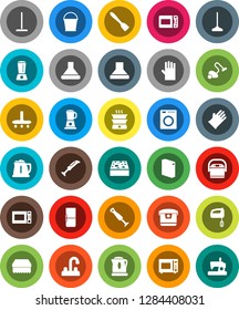 White Solid Icon Set- vacuum cleaner vector, mop, bucket, sponge, washing powder, rubber glove, water tap, kettle, spatula, microwave oven, fridge, washer, mixer, hood, multi cooker, blender