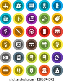 White Solid Icon Set- vacuum cleaner vector, kettle, mixer, oven, double boiler, table lamp, tv, rca, windmill, air conditioner, ari condition, fridge, power plug, blender, epilator, fan, heater