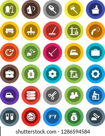 White Solid Icon Set- vacuum cleaner vector, rake, iron, steaming, student, case, money bag, horizontal bar, group, vial, scissors, big data, gear, bench, construction crane, 24 hour