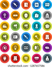 White Solid Icon Set- vacuum cleaner vector, iron, kettle, mixer, double boiler, blender, tv, rca, air conditioner, ari condition, fridge, power plug, oven, epilator, fan, heater, bulb, fireplace