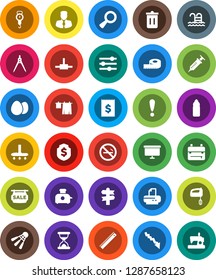 White Solid Icon Set- vacuum cleaner vector, trash bin, drying clothes, scales, egg, ruler, drawing compass, backpack, crisis, manager, presentation board, dollar shield, measuring, water bottle