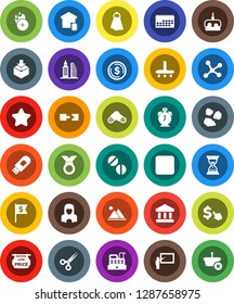 White Solid Icon Set- vacuum cleaner vector, towel, woman, garbage pile, cake, blackboard, alarm clock, bank, dollar coin, sand, flag, cursor, medal, calendar, package, music hit, stop button, pills