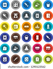 White Solid Icon Set- vacuum cleaner vector, bucket, kettle, scales, oven, blender, air conditioner, fridge, washer, coffee maker, hood