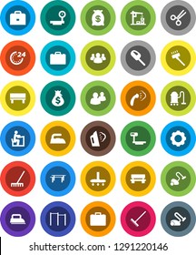 White Solid Icon Set- vacuum cleaner vector, rake, iron, steaming, student, case, money bag, horizontal bar, big scales, group, scissors, gear, bench, construction crane, 24 hour