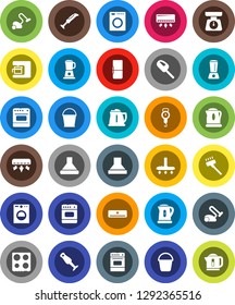 White Solid Icon Set- vacuum cleaner vector, bucket, kettle, scales, oven, blender, air conditioner, fridge, washer, coffee maker, hood