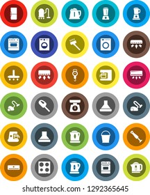 White Solid Icon Set- vacuum cleaner vector, bucket, kettle, scales, oven, air conditioner, fridge, washer, coffee maker, hood, blender