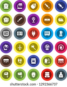 White Solid Icon Set- vacuum cleaner vector, iron, mixer, double boiler, blender, table lamp, tv, rca, windmill, air conditioner, ari condition, power plug, oven, epilator, fan, kettle, heater