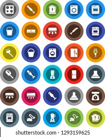 White Solid Icon Set- vacuum cleaner vector, bucket, scales, oven, blender, air conditioner, fridge, washer, hood, kettle