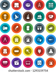 White Solid Icon Set- vacuum cleaner vector, pan, cook press, double boiler, drawing compass, cinema clap, notebook pc, hdmi, flask, vial, server, siren, loudspeaker, power plug, washer, fridge, web