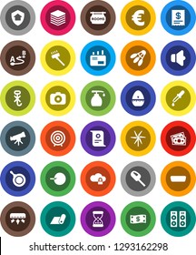 White Solid Icon Set- vacuum cleaner vector, liquid soap, pan, cook timer, telescope, certificate, target, euro sign, fitness mat, shuttlecock, money, no hook, route, camera, speaker, hdmi, dropper