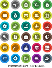 White Solid Icon Set- vacuum cleaner vector, rake, iron, steaming, student, money bag, case, horizontal bar, big scales, group, scissors, data, gear, bench, construction crane