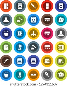 White Solid Icon Set- vacuum cleaner vector, bucket, kettle, oven, air conditioner, fridge, washer, coffee maker, hood, blender