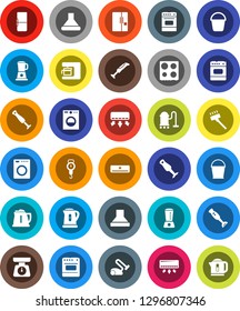 White Solid Icon Set- vacuum cleaner vector, bucket, kettle, scales, oven, blender, air conditioner, fridge, washer, coffee maker, hood