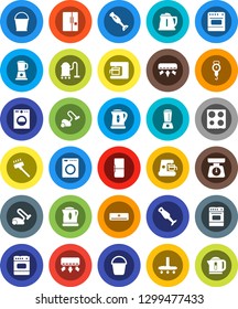 White Solid Icon Set- vacuum cleaner vector, bucket, kettle, scales, oven, blender, air conditioner, fridge, washer, coffee maker