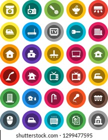 White Solid Icon Set- vacuum cleaner vector, iron, sink, skimmer, tv, key, house, chalet, estate document, apartments, bath, building, home, toaster, kitchen scales, air conditioner, microphone