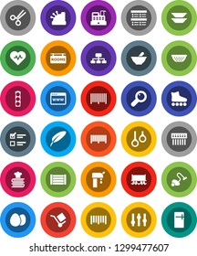 White Solid Icon Set- vacuum cleaner vector, colander, cookbook, plates, egg, pen, exam, hierarchy, heart pulse, roller Skates, gymnast rings, Railway carriage, traffic light, wood box, cargo, hub