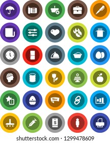 White Solid Icon Set- vacuum cleaner vector, foam basin, cook timer, dish, egg, pasta, apple fruit, pen, graph, case, clock, man, umbrella, tulip, oil barrel, music hit, newspaper, link, heart, new