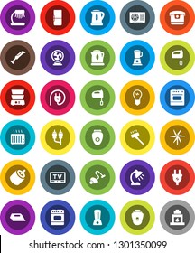 White Solid Icon Set- vacuum cleaner vector, kettle, mixer, double boiler, table lamp, tv, rca, windmill, ari condition, fridge, power plug, iron, multi cooker, oven, blender, epilator, fan, heater