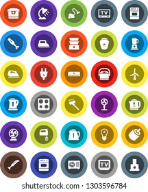White Solid Icon Set- vacuum cleaner vector, iron, kettle, mixer, oven, double boiler, blender, table lamp, tv, rca, windmill, air conditioner, ari condition, power plug, multi cooker, epilator, fan