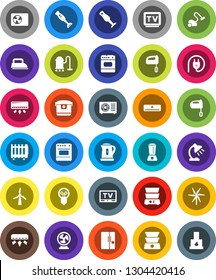 White Solid Icon Set- vacuum cleaner vector, kettle, mixer, double boiler, blender, table lamp, tv, windmill, air conditioner, ari condition, fridge, power plug, iron, multi cooker, oven, fan, bulb