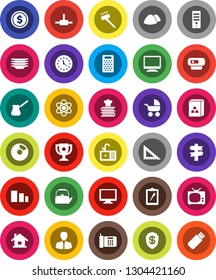 White Solid Icon Set- vacuum cleaner vector, plates, sink, garbage pile, kettle, grater, turk coffee, cookbook, cereal, corner ruler, atom, award cup, dollar coin, pie graph, manager, signpost, tv