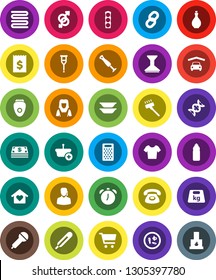 White Solid Icon Set- vacuum cleaner vector, car fetlock, woman, oil, towel, grater, plates, alarm clock, cart, receipt, t shirt, water bottle, traffic light, weight, microphone, thermometer, dna