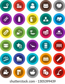 White Solid Icon Set- vacuum cleaner vector, scoop, sprayer, plates, pasta, pen, ruler, coin stack, hierarchy, boxing glove, roller Skates, water bottle, stairways run, support, big scales, barcode