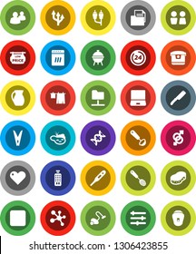 White Solid Icon Set- vacuum cleaner vector, clothespin, sponge, drying clothes, water closet, skimmer, ladle, knife, bbq, jug, molecule, document, remote control, notebook pc, group, heart, rca