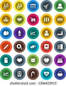 White Solid Icon Set- vacuum cleaner vector, colander, cookbook, plates, egg, corner ruler, graph, boxing glove, water bottle, gymnast rings, oxygen, cargo, barcode, loudspeaker, settings, heart