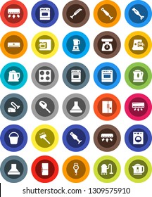 White Solid Icon Set- vacuum cleaner vector, bucket, kettle, scales, oven, blender, air conditioner, fridge, washer, coffee maker, hood