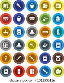 White Solid Icon Set- vacuum cleaner vector, bucket, kettle, scales, oven, blender, air conditioner, fridge, washer, coffee maker, hood