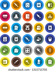 White Solid Icon Set- vacuum cleaner vector, bucket, kettle, scales, oven, blender, air conditioner, fridge, washer, coffee maker, hood