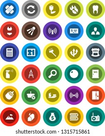 White Solid Icon Set- vacuum cleaner vector, towel, sprayer, water closet, drawing compass, calculator, magnifier, money bag, check, fitball, swimsuite, shuttlecock, ship, tulip, music hit, rca