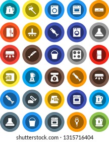 White Solid Icon Set- vacuum cleaner vector, bucket, kettle, scales, oven, blender, air conditioner, fridge, washer, coffee maker, hood