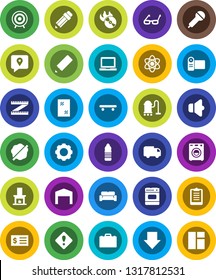 White Solid Icon Set- vacuum cleaner vector, window cleaning, splotch, pencil, glasses, case, atom, notebook pc, receipt, arrow down, measuring, clipboard, skateboard, target, water bottle, traking
