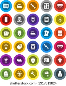 White Solid Icon Set- vacuum cleaner vector, iron, kettle, mixer, oven, double boiler, blender, rca, windmill, ari condition, fridge, power plug, epilator, air conditioner, fan, heater, bulb
