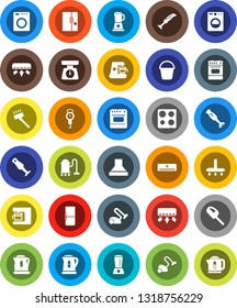 White Solid Icon Set- vacuum cleaner vector, bucket, kettle, scales, oven, blender, air conditioner, fridge, washer, coffee maker, hood