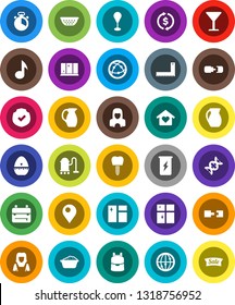 White Solid Icon Set- vacuum cleaner vector, window cleaning, foam basin, shining, woman, colander, cook timer, jug, corner ruler, backpack, music, exchange, punching bag, enegry drink, glass, dna