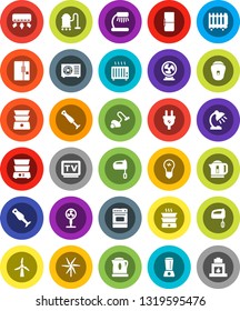 White Solid Icon Set- vacuum cleaner vector, mixer, oven, double boiler, blender, table lamp, tv, windmill, ari condition, fridge, power plug, epilator, air conditioner, fan, kettle, heater, bulb