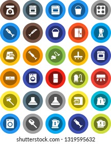 White Solid Icon Set- vacuum cleaner vector, bucket, kettle, scales, oven, blender, air conditioner, fridge, washer, coffee maker, hood