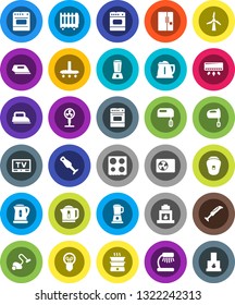 White Solid Icon Set- vacuum cleaner vector, kettle, mixer, oven, blender, table lamp, tv, windmill, ari condition, fridge, iron, epilator, air conditioner, fan, double boiler, heater, bulb