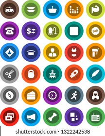 White Solid Icon Set- vacuum cleaner vector, woman, plates, cake, pen, compass, exchange, credit card, manager, bank building, weight, muscule hand, swimsuite, bone, run, phone, clock, dry cargo