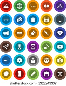 White Solid Icon Set- vacuum cleaner vector, mop, pan, pasta, paper pin, leaf, constellation, auction, skateboard, shuttlecock, heart cross, first aid kit, package, camera, loudspeaker, syringe