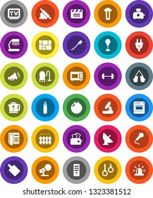 White Solid Icon Set- vacuum cleaner vector, car fetlock, rolling pin, cutting board, microwave oven, microscope, table lamp, barbell, punching bag, fitball, boxing glove, gymnast rings, cinema clap