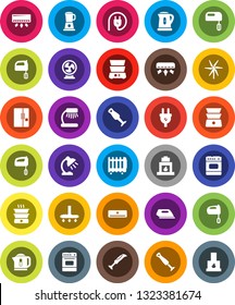 White Solid Icon Set- vacuum cleaner vector, kettle, mixer, oven, double boiler, blender, table lamp, windmill, air conditioner, fridge, power plug, iron, fan, heater, fireplace